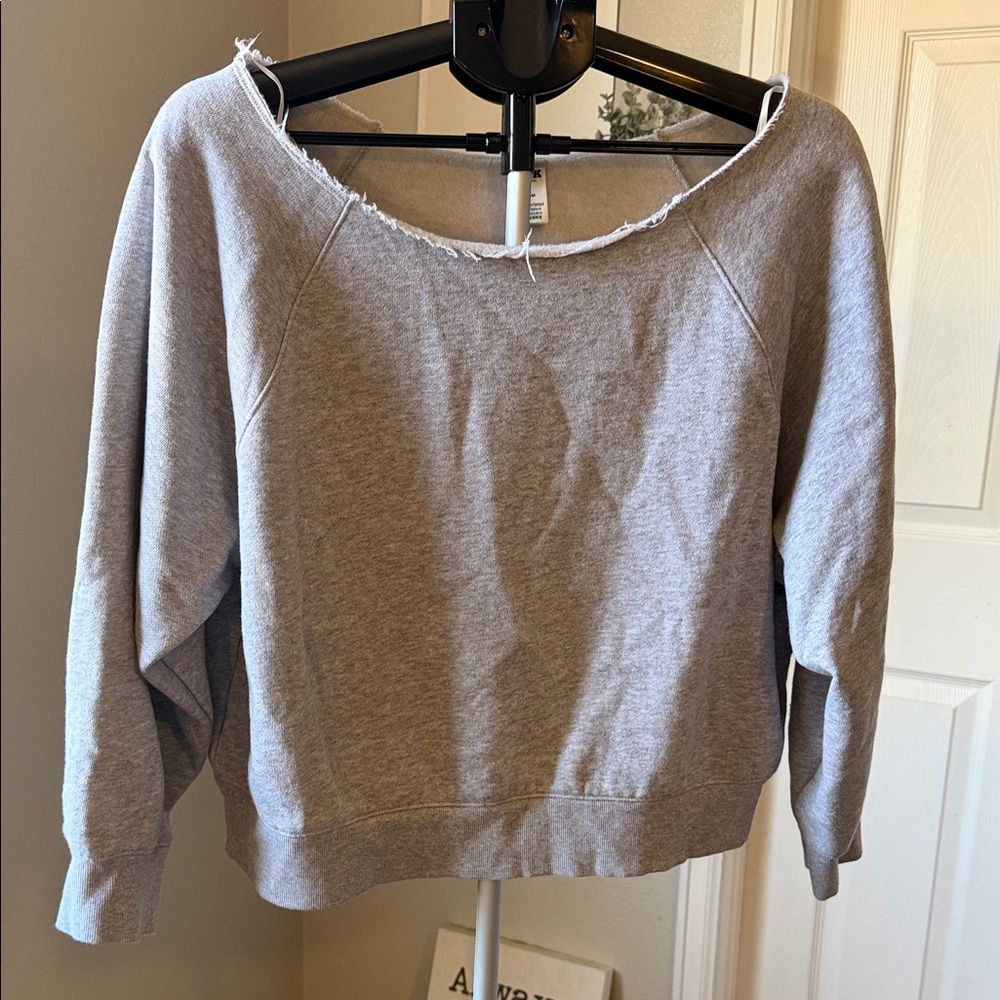 PINK Victoria's Secret Off-the-Shoulder Gray Raw-Edge Sweatshirt
